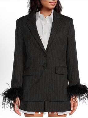 Gianni Bini Black Pinstripe Blazer with Feather Cuffs